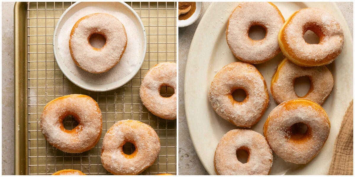 Steps 10-11 for prepping fried yeast donuts.