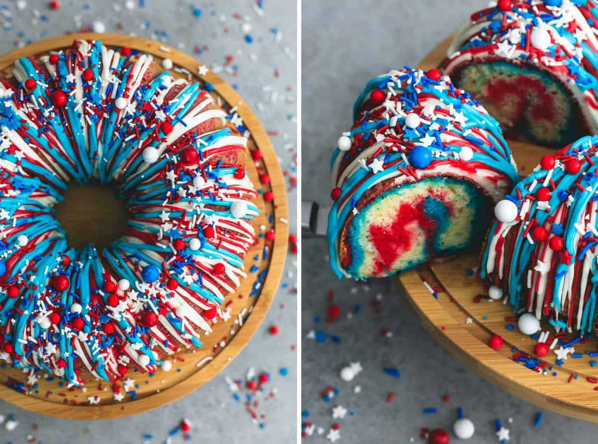 side by side images of firecracker bundt cake on a cake stand and cut up into slices.