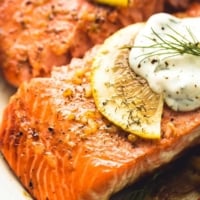 Baked Salmon with Creamy Lemon Dill Sauce | lecremedelacrumb.com