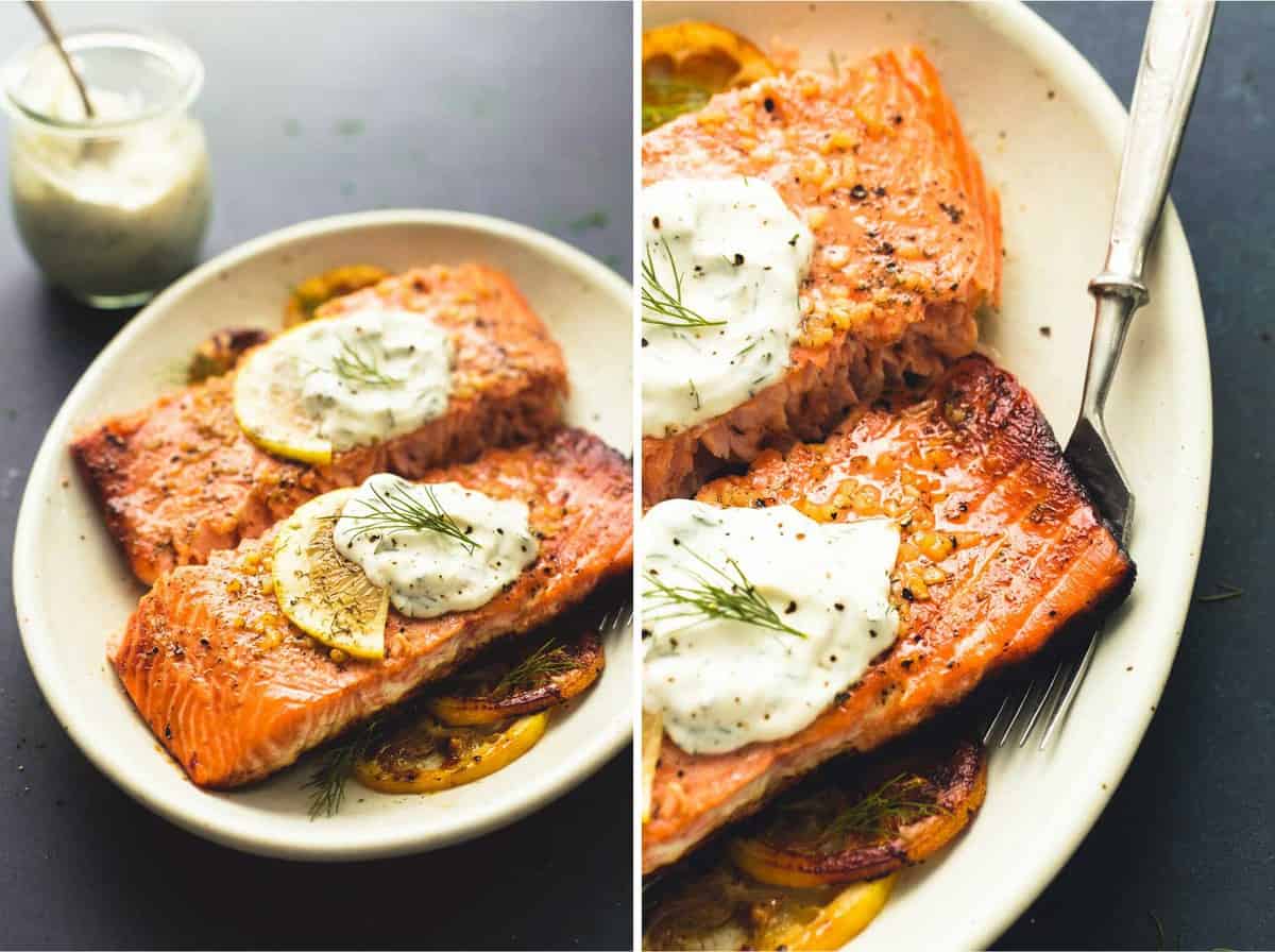 side by side images of baked salmon with creamy lemon dill sauce on a plate.