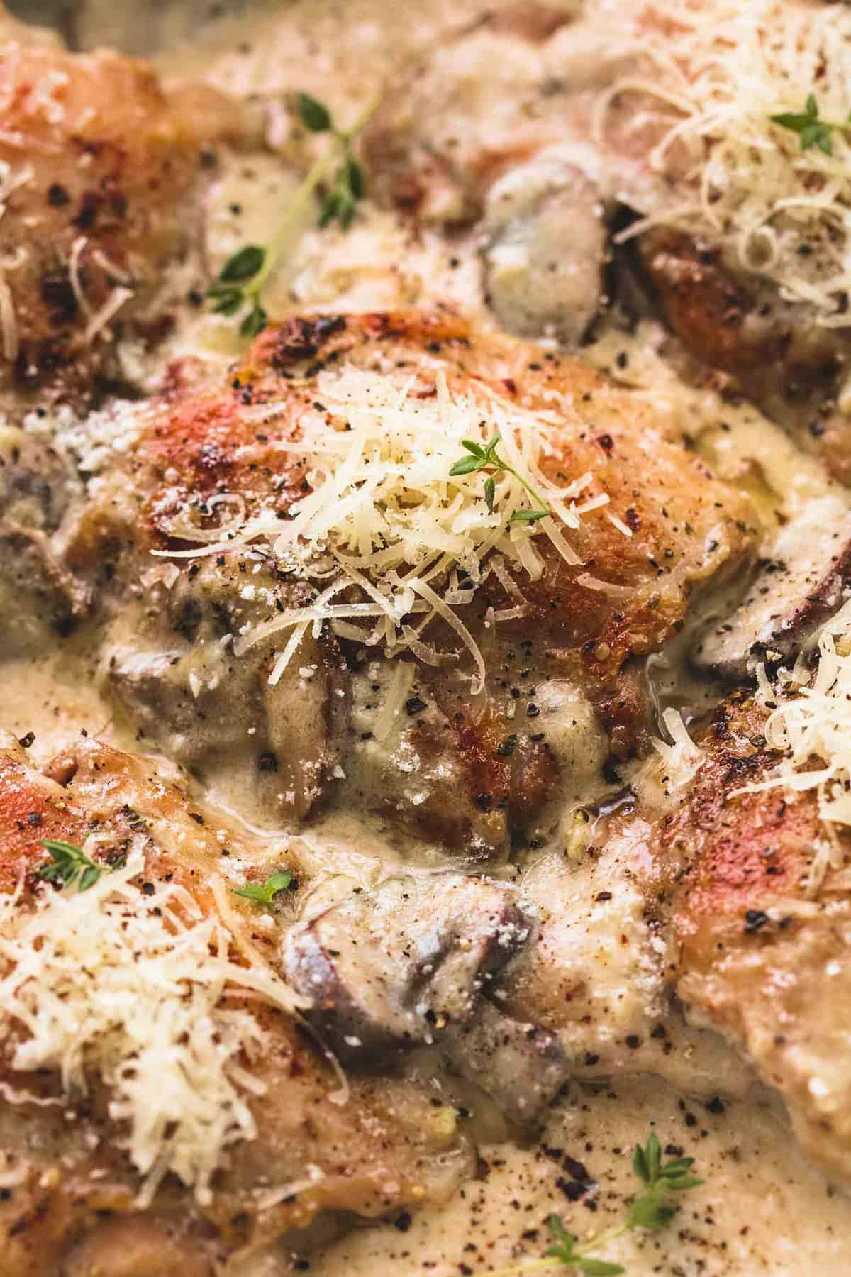 close up of creamy parmesan chicken and mushrooms.
