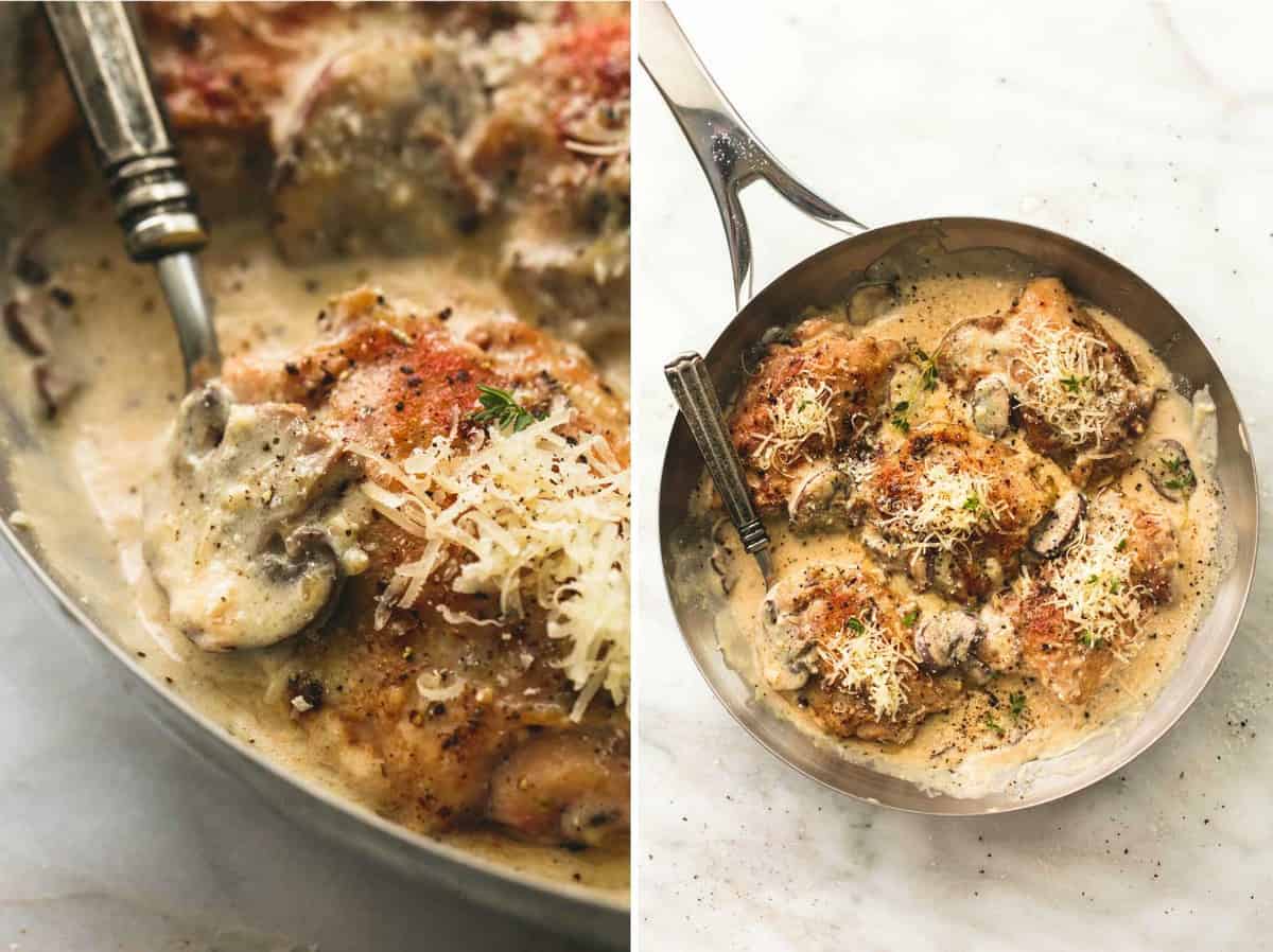 side by side images of creamy parmesan chicken and mushrooms in a pan with a spoon.