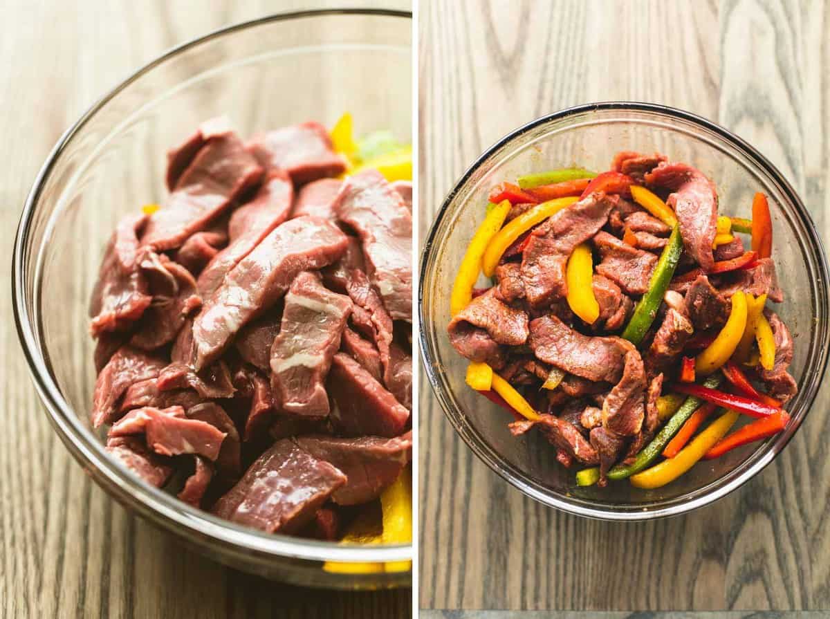 side by side steak fajita foil pack ingredients uncooked in a glass bowl.