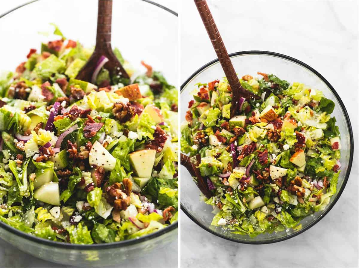 side by side images of chopped Autumn salad with apple cider dressing with a wooden spoon in a glass bowl.