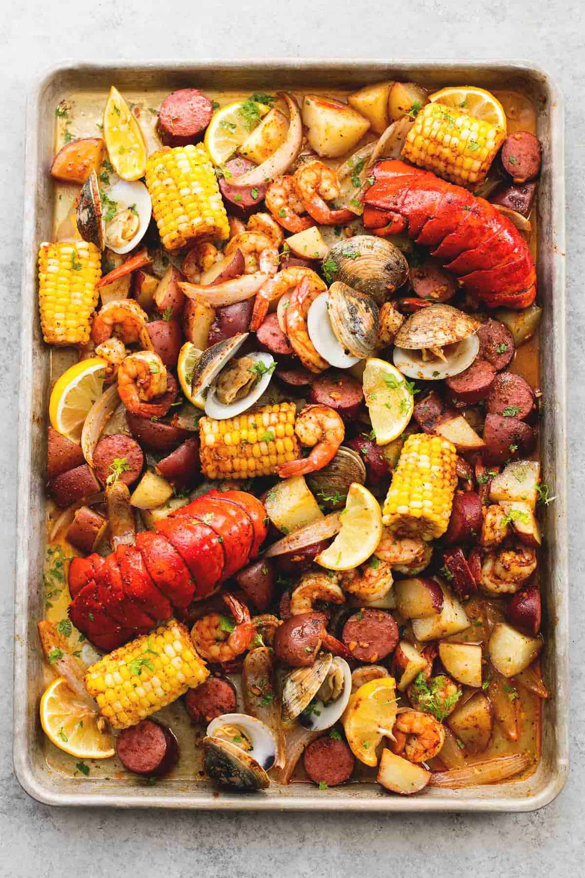 top view of sheet pan clambake on a sheet pan.