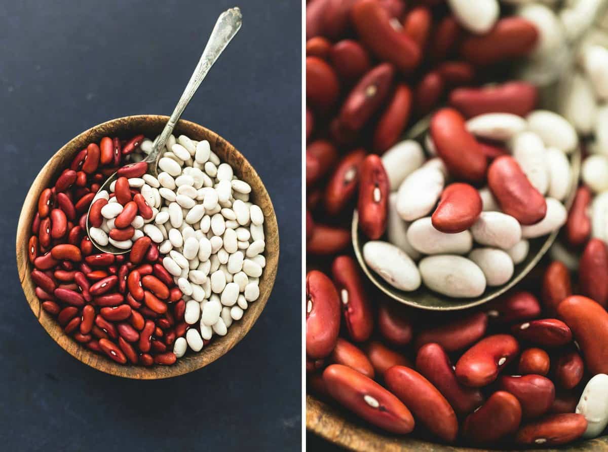 side by side images of dread beans in a bowl and on a spoon.
