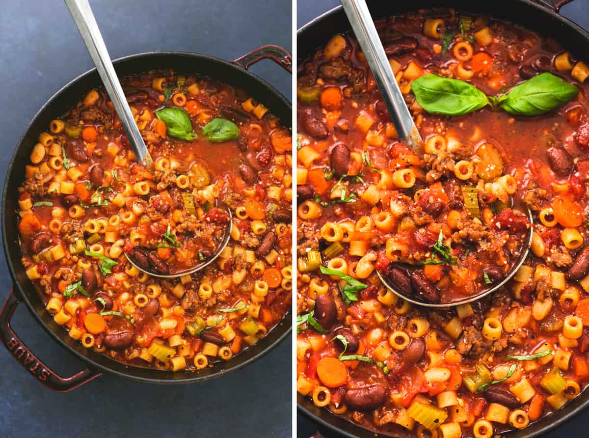 side by side images of pasta e fagioli soup with a serving spoon in a pan.