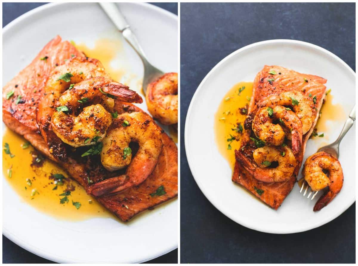 side by side images of salmon New Orleans with a fork on a plate.