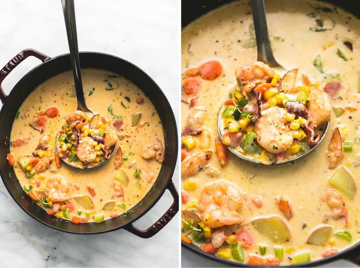 side by side images of shrimp and bacon corn chowder with a serving spoon in a pan.