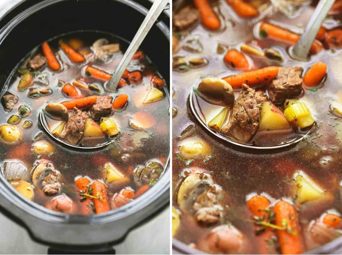side by side images of slow cooker beef and potato stew with a serving spoon in a slow cooker.
