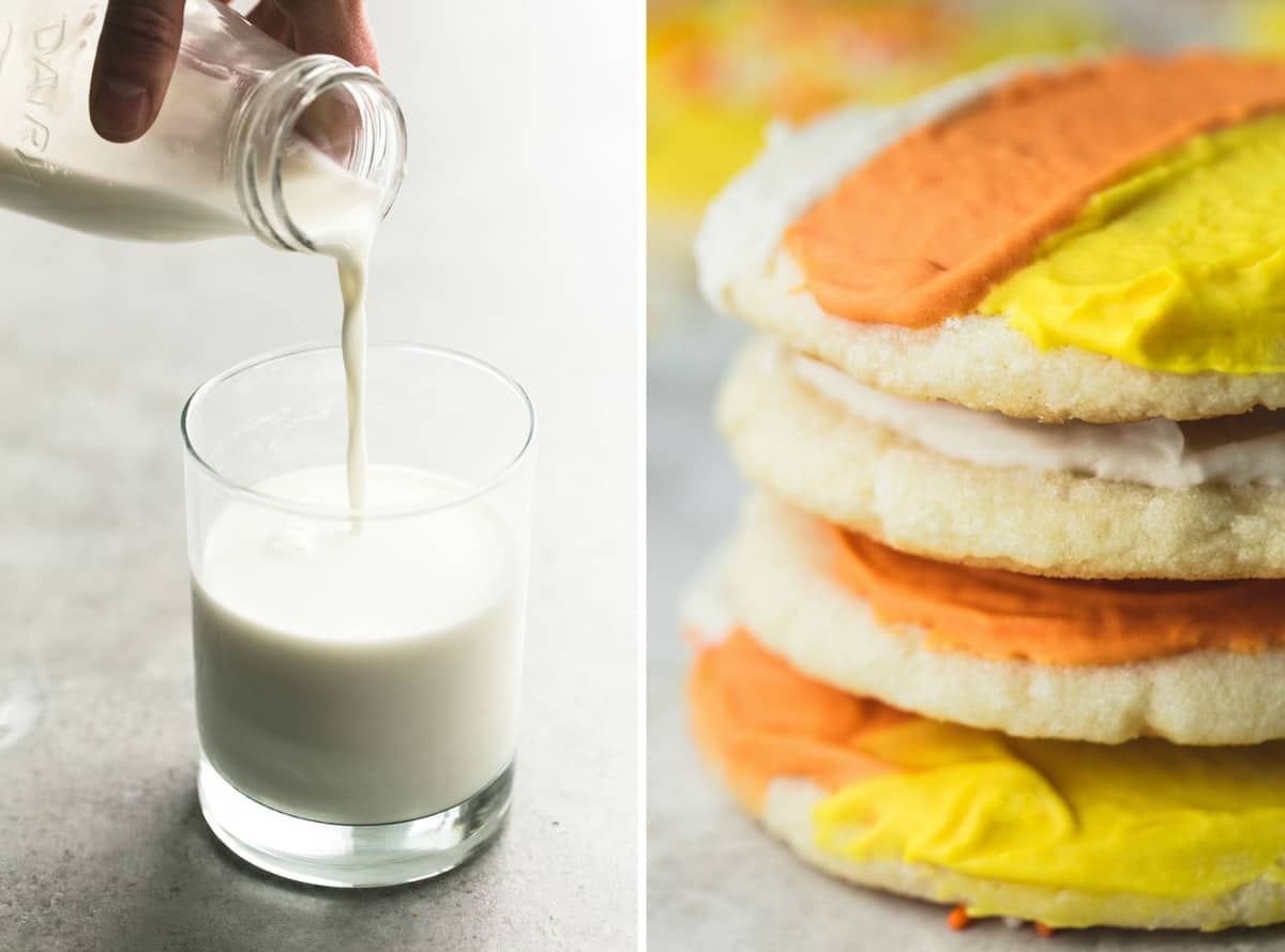 side by side images of a jar of milk being poured into a glass and candy corn sugar cookies stacked.