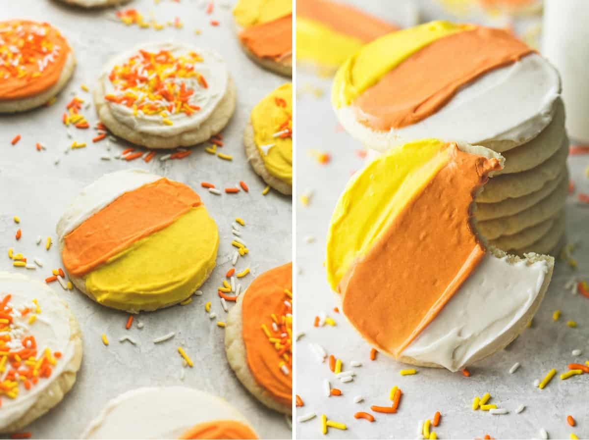 side by side images of candy corn sugar cookies stacked and laying down flat.