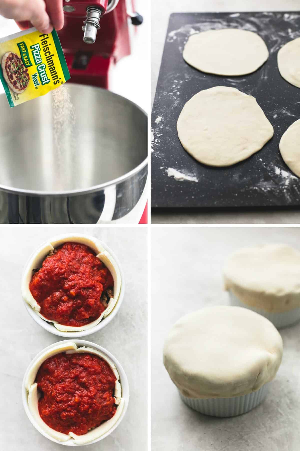 collage of pizza pot pies being made.