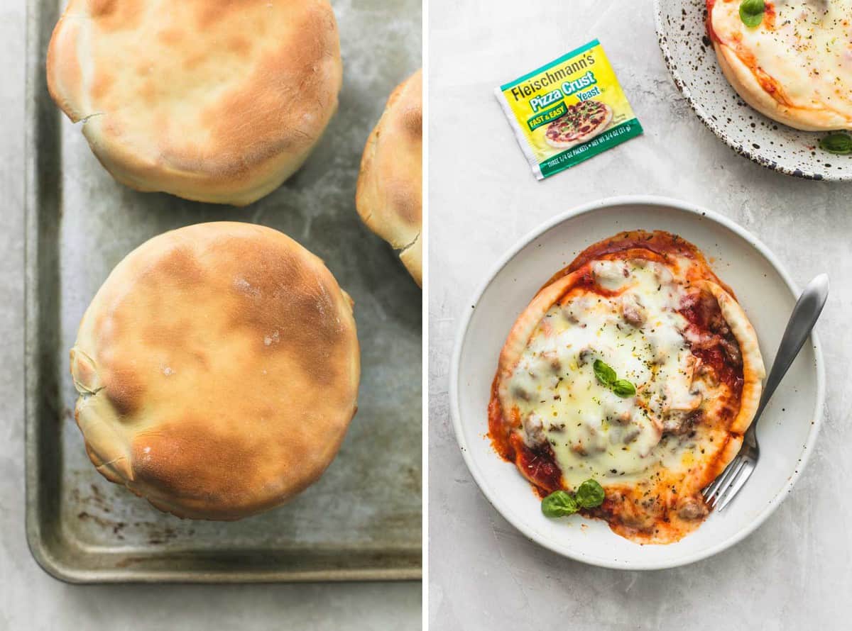 side by side images of pizza pot pies on a baking sheet and a pie on a plate with a package of yeast on the side.