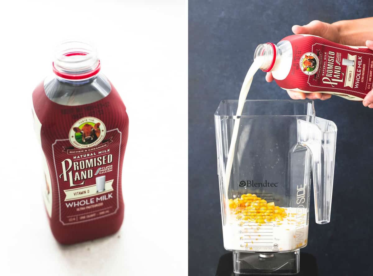 side by side images of a bottle of Promised Land whole milk and a hand pouring the container of whole milk into a blender.