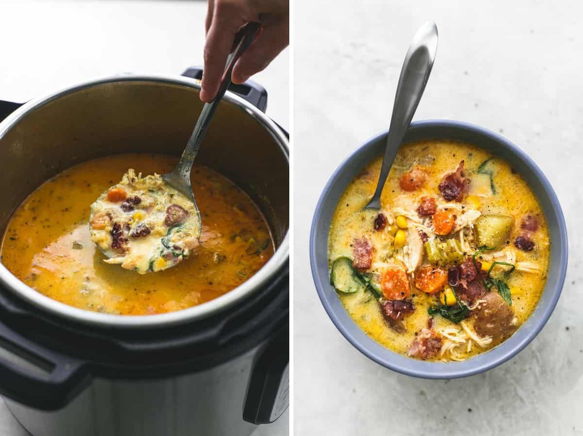 side by side images of a hand picking up a spoonful of slow cooker New England chicken chowder from an instant pot and chowder in a bowl.