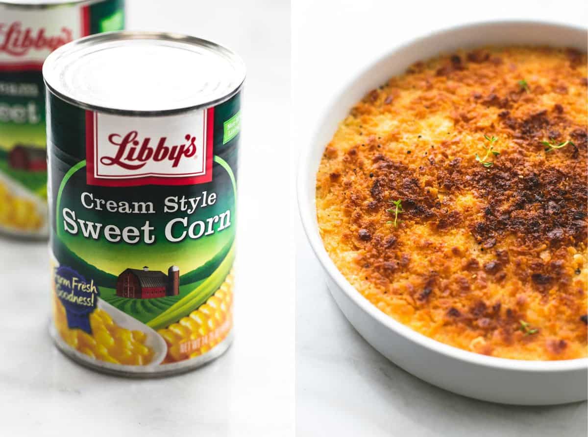 side by side images of a can of cream corn with baked parmesan creamed corn in a round serving tray.