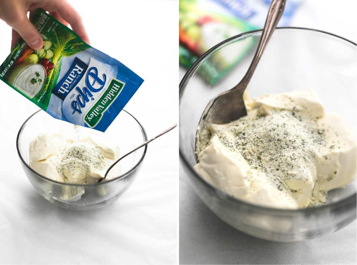 side by side images of a hand pouring a ranch package in a bowl and a close up of that bowl.