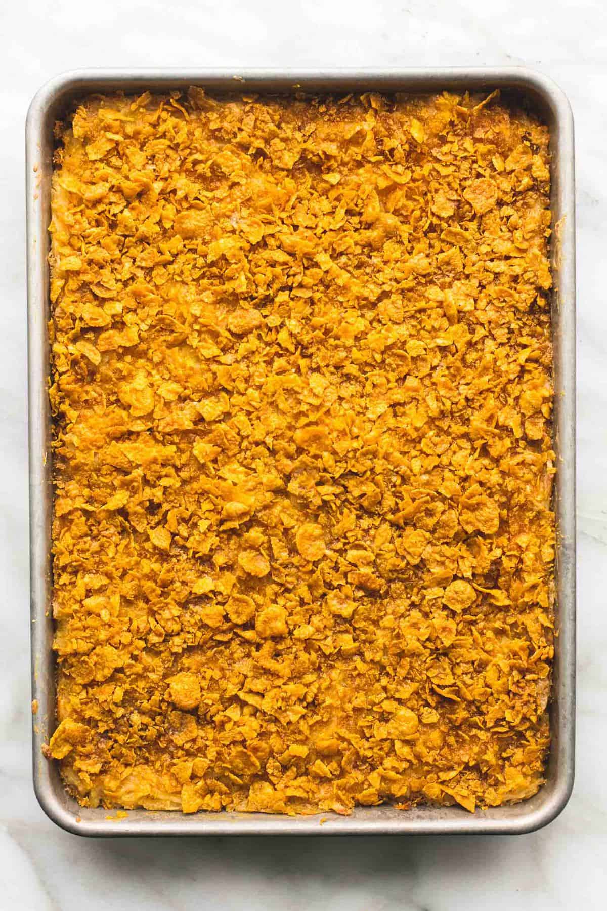 top view of company potatoes in a baking sheet.