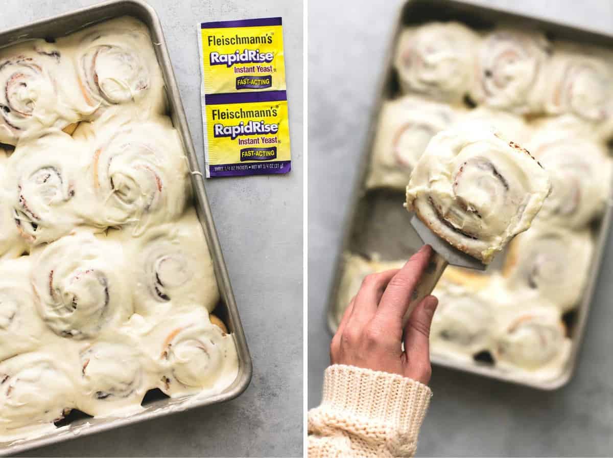 side by side images of eggnog cinnamon rolls in a baking sheet with a hand holding a spatula with a cinnamon roll on it and yeast packets on the side.