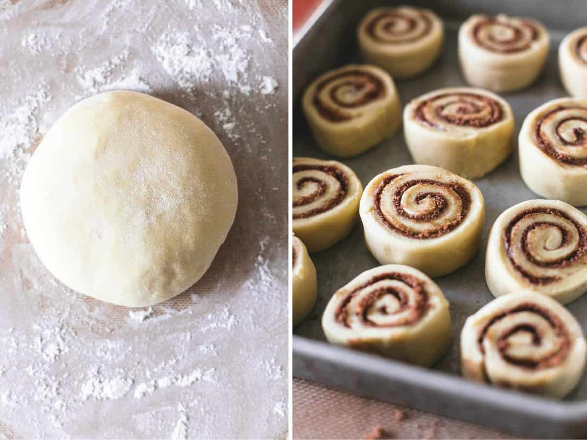 side by side images of eggnog cinnamon roll dough and eggnog cinnamon rolls unbaked on a baking sheet.