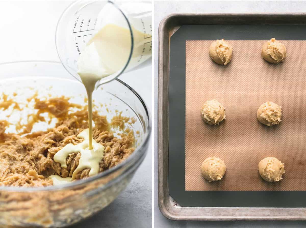 side by side images of eggnog being poured with the dough mixture in a glass bowl and eggnog snickerdoodle cookies on a baking sheet.