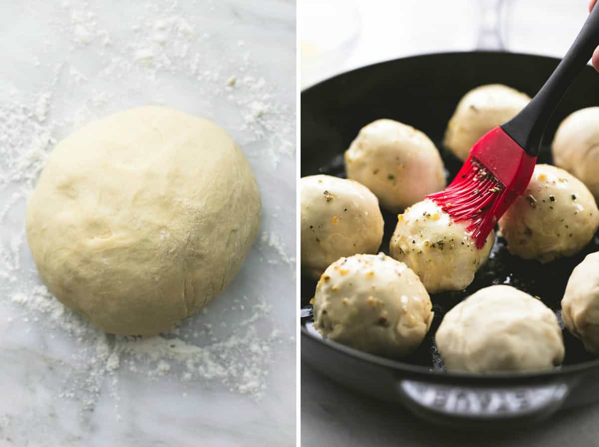 side by side images of buttery herb roll dough and in balls being buttered in a pan.