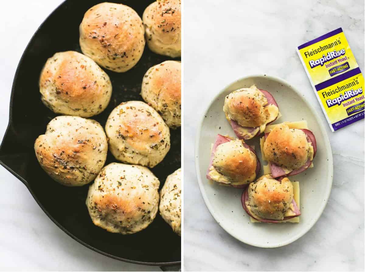 side by side images of rolls made in a pan and sliders on a plate with packages of yeast on the side.