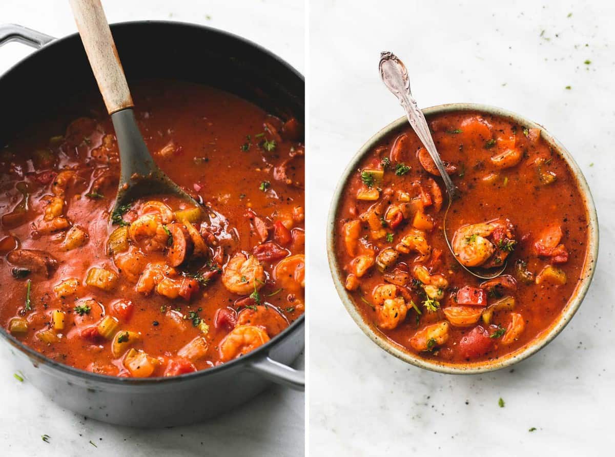 side by side images of shrimp and sausage gumbo in a pan and in a bowl.