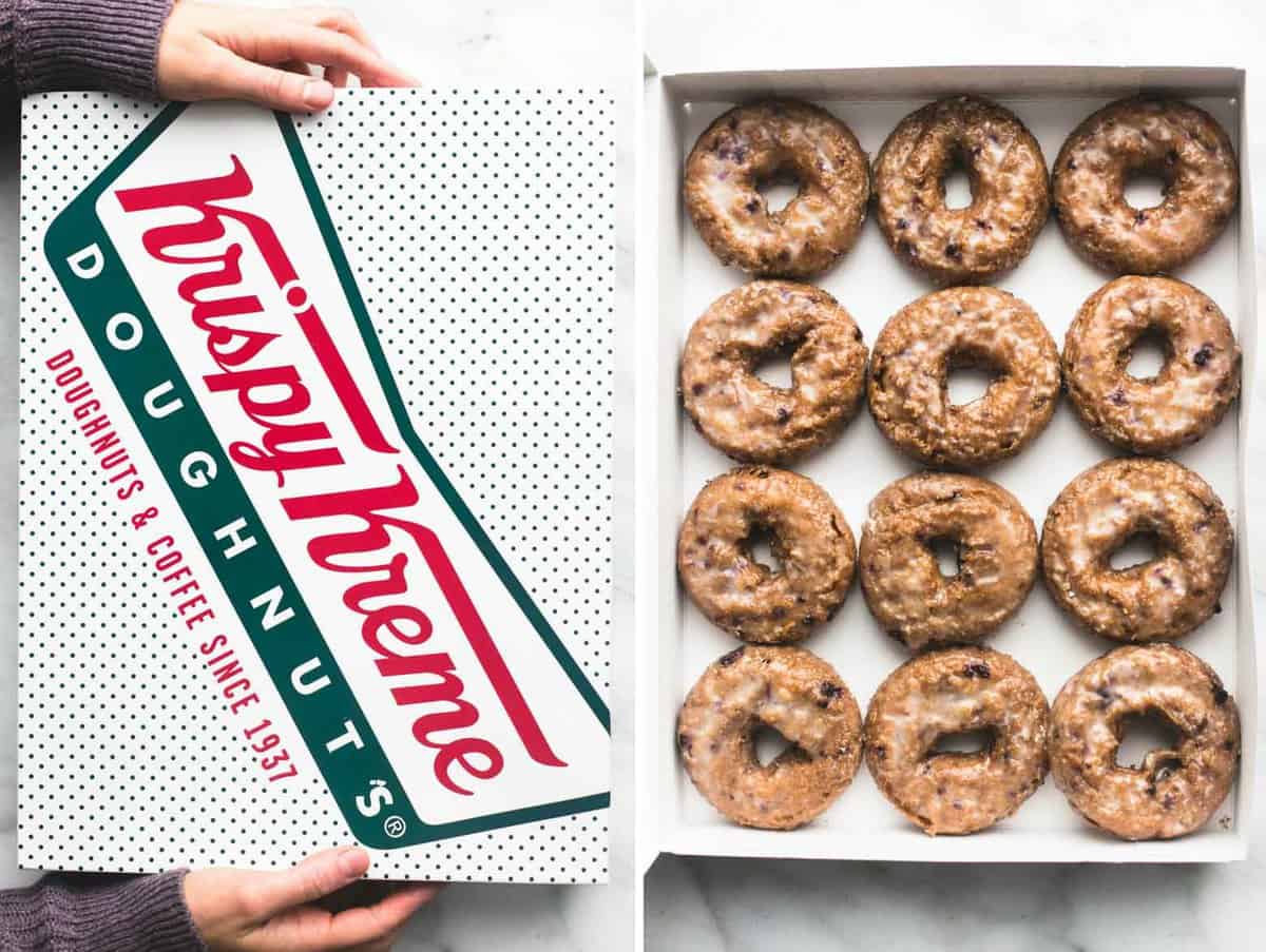 side by side images of a pair of hands holding a Krispy Kreme donut box and the donut box opened with blueberry donuts inside.