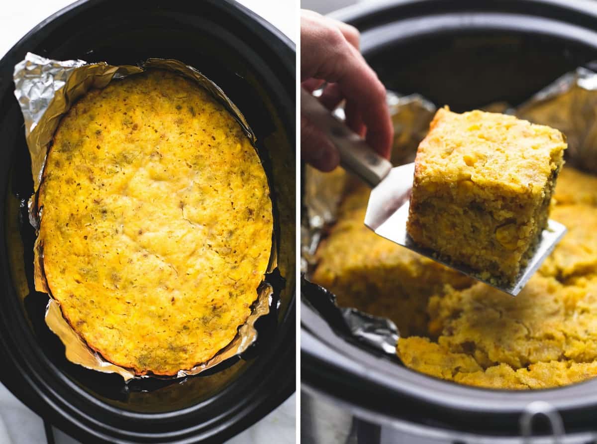 side by side images of slow cooker honey jalapeño cornbread in a slow cooker and someone scooping out a piece.