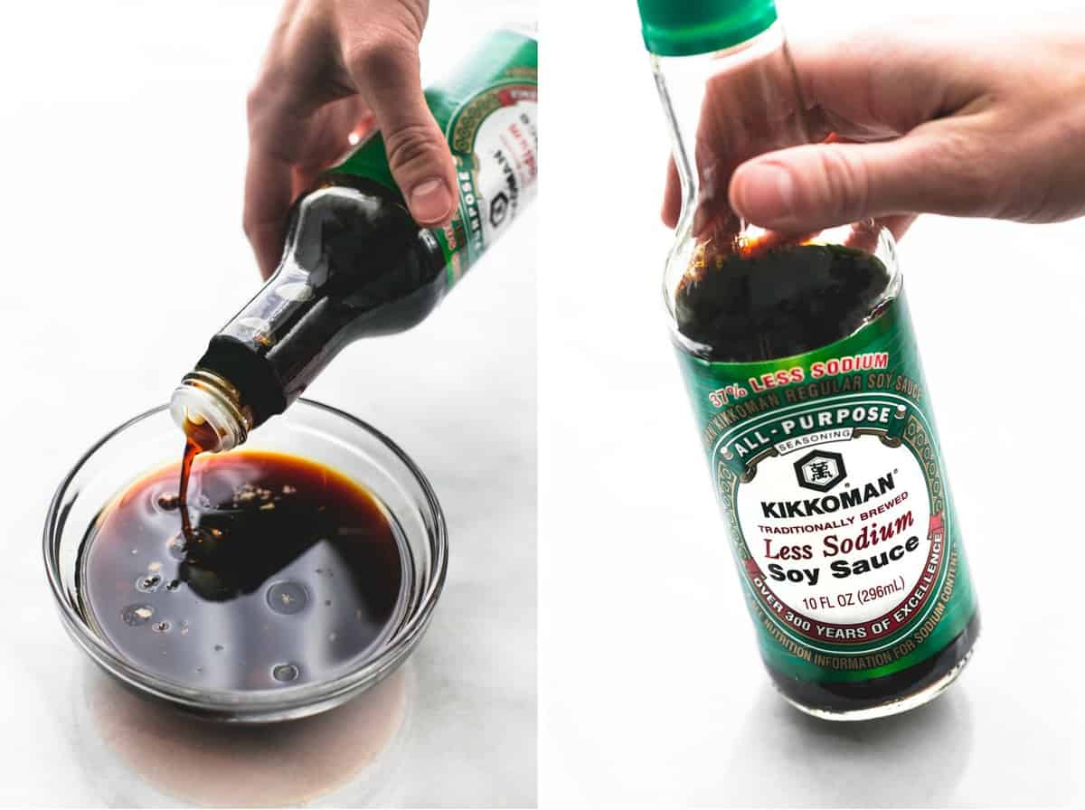 side by side images of a bottle of Kikkoman soy sauce being held up and poured into a bowl.