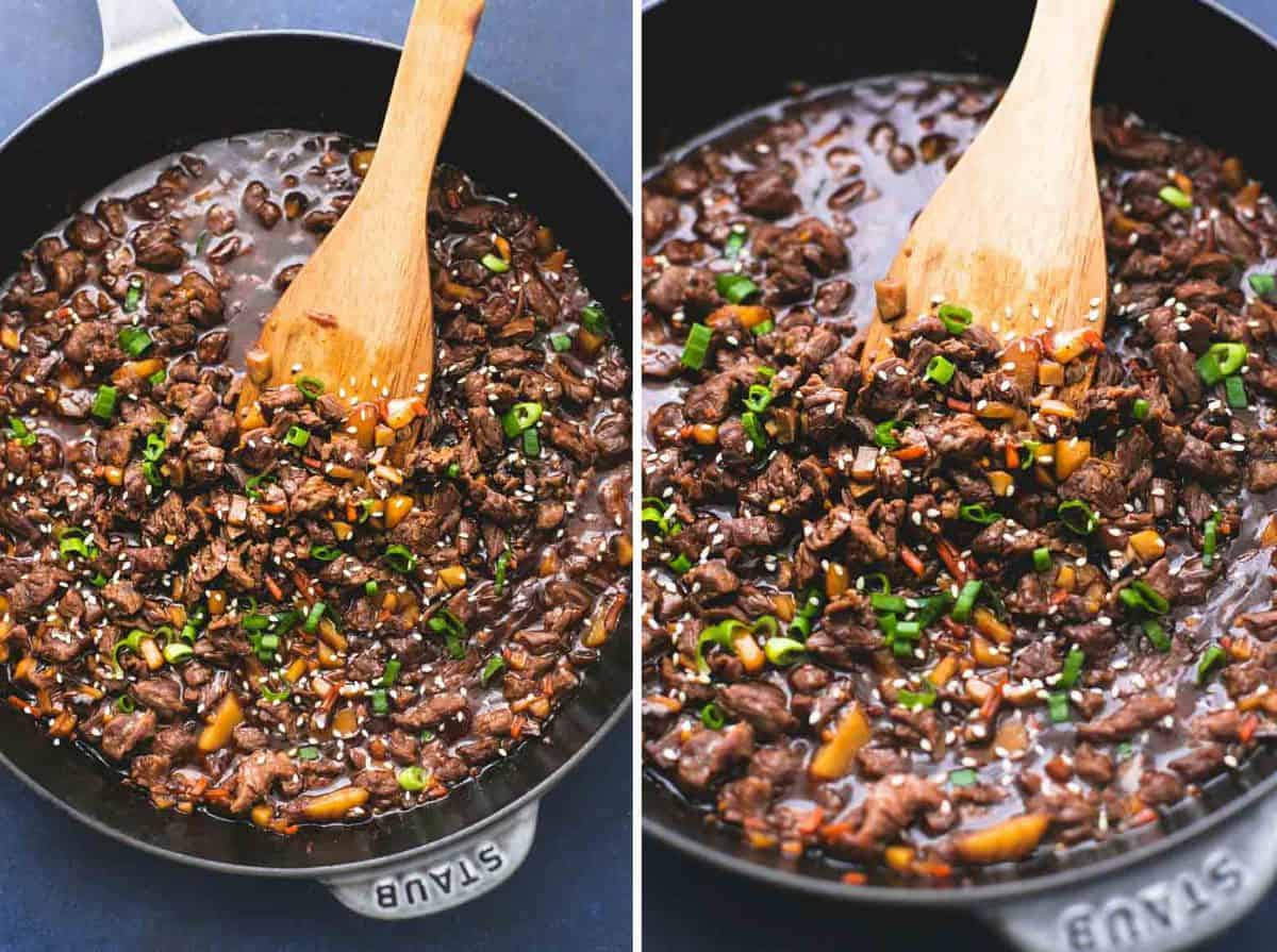 side by side images of honey beef with a wooden serving spoon in a pan.
