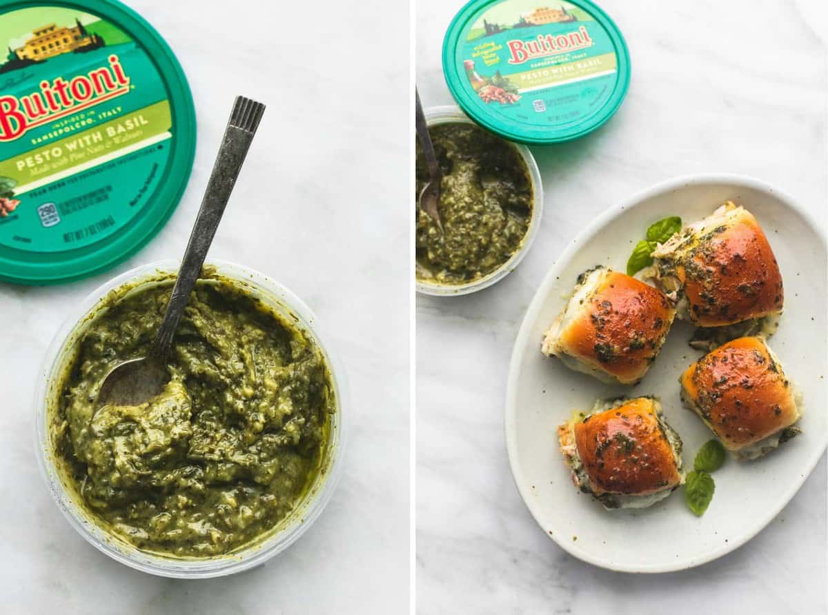 side by side images of an opened container of Buitoni's pesto with basil with a spoon and pesto mozzarella chicken sliders on a plate with a pesto container opened on the side.