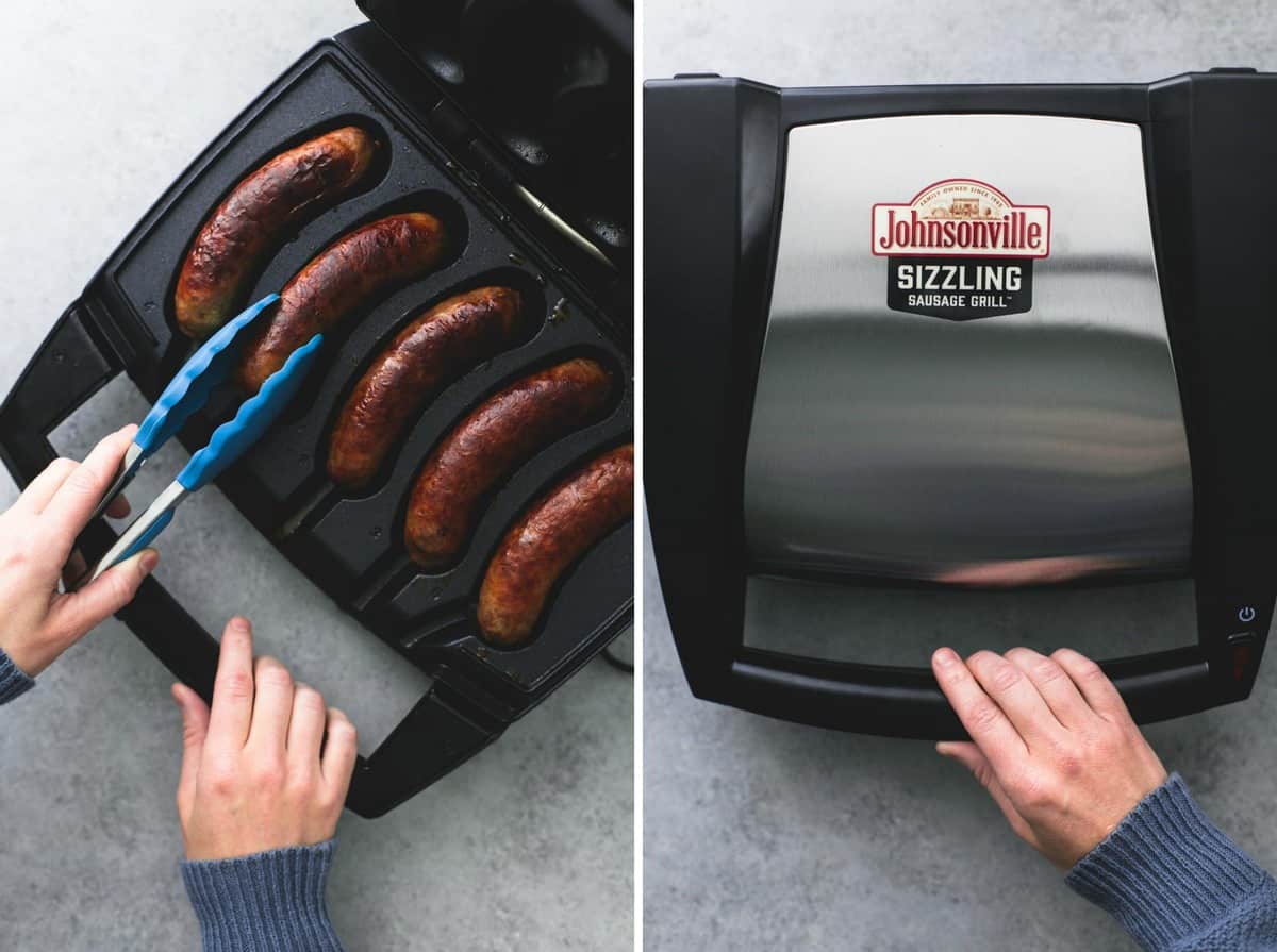 side by side images of sausages in a grill and with the grill closed.