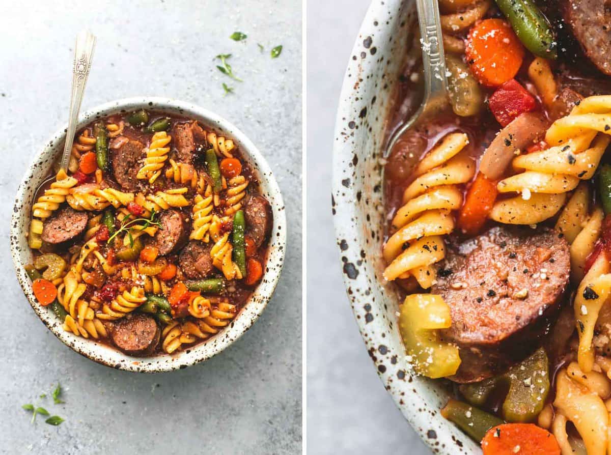 side by side images of a top view and close up of sausage and vegetable soup in a bowl.