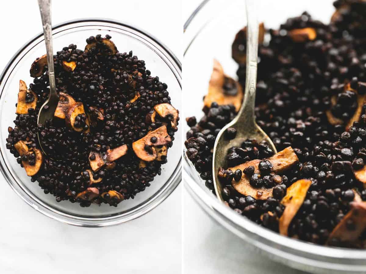 side by side images of lentils with a spoon in a glass bowl.