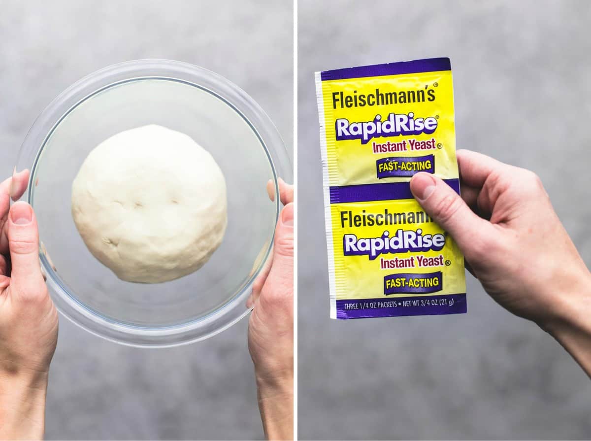 side by side images of a pair of hands holding a glass bowl with bbq chicken bites dough in it and RapidRise yeast packets.