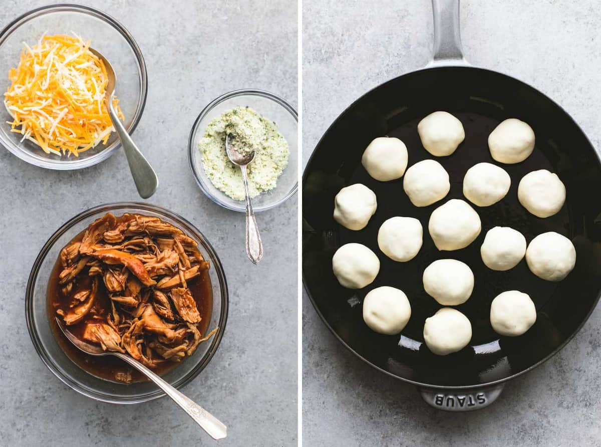 side by side images of bbq chicken bites fillings in bowls and a pan of unbaked bites.