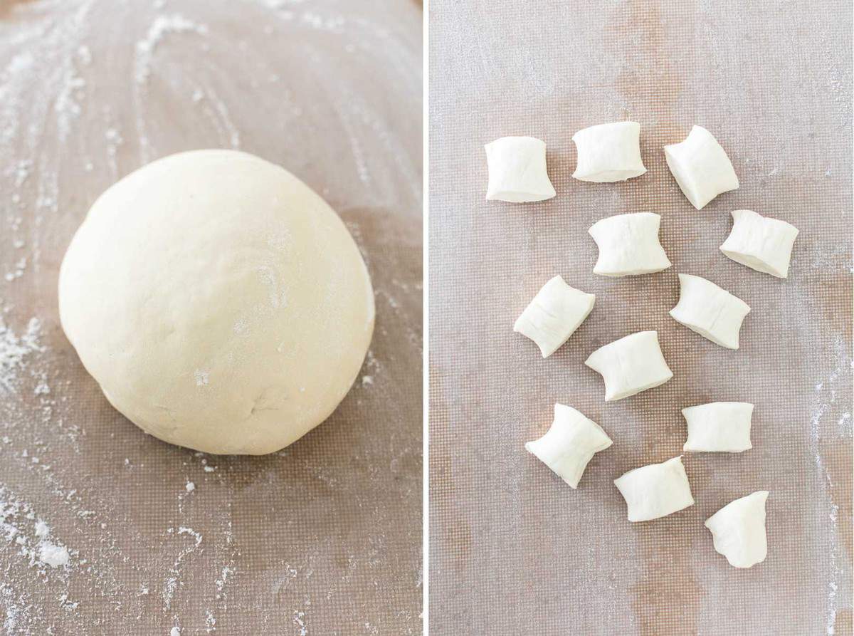 side by side images of cheddar jalapeño pretzel bites dough in a ball and cut up into pretzel bites.