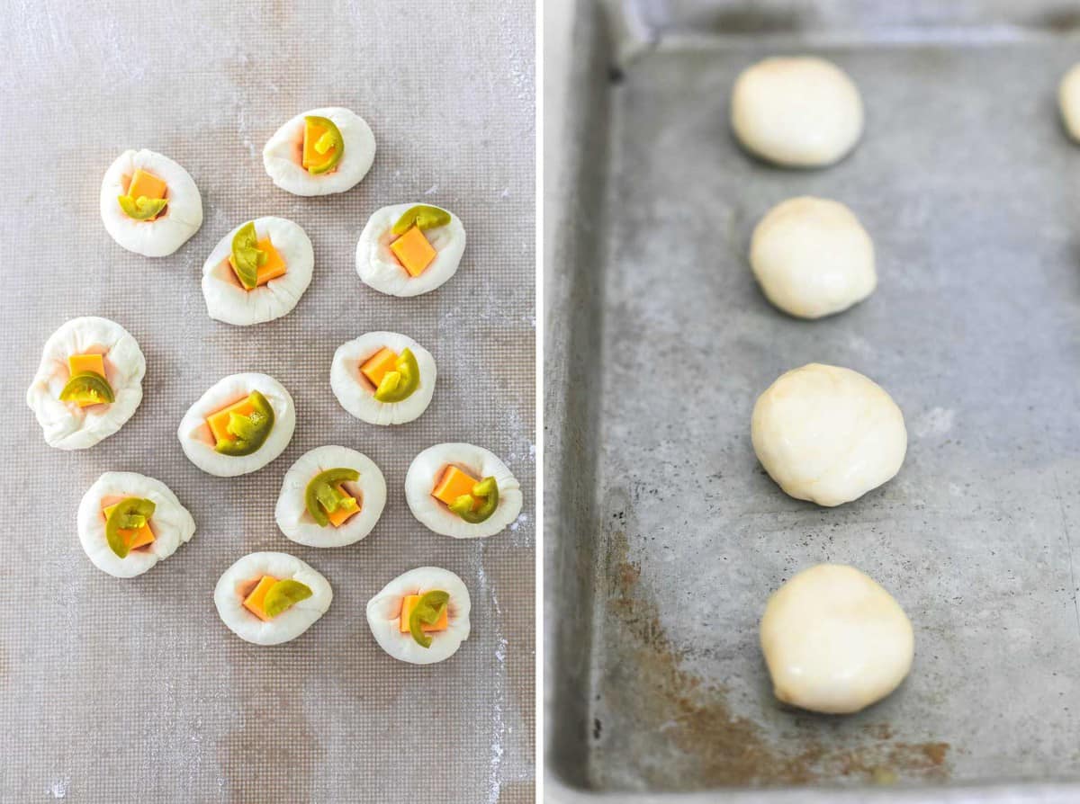 side by side images of cheddar jalapeño pretzel bites being stuffed and on a baking sheet.