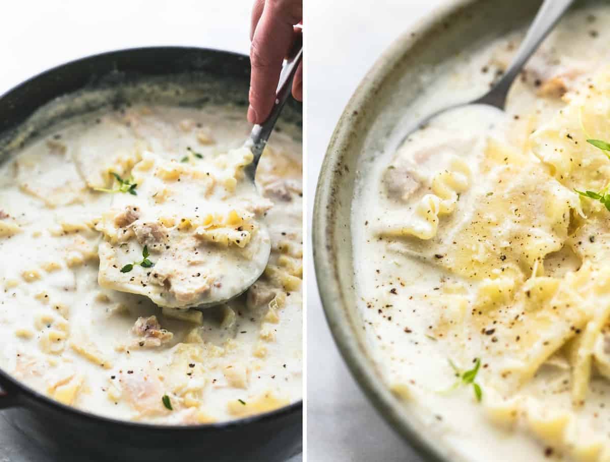 side by side images of creamy white chicken lasagna soup in a pot and in a bowl.