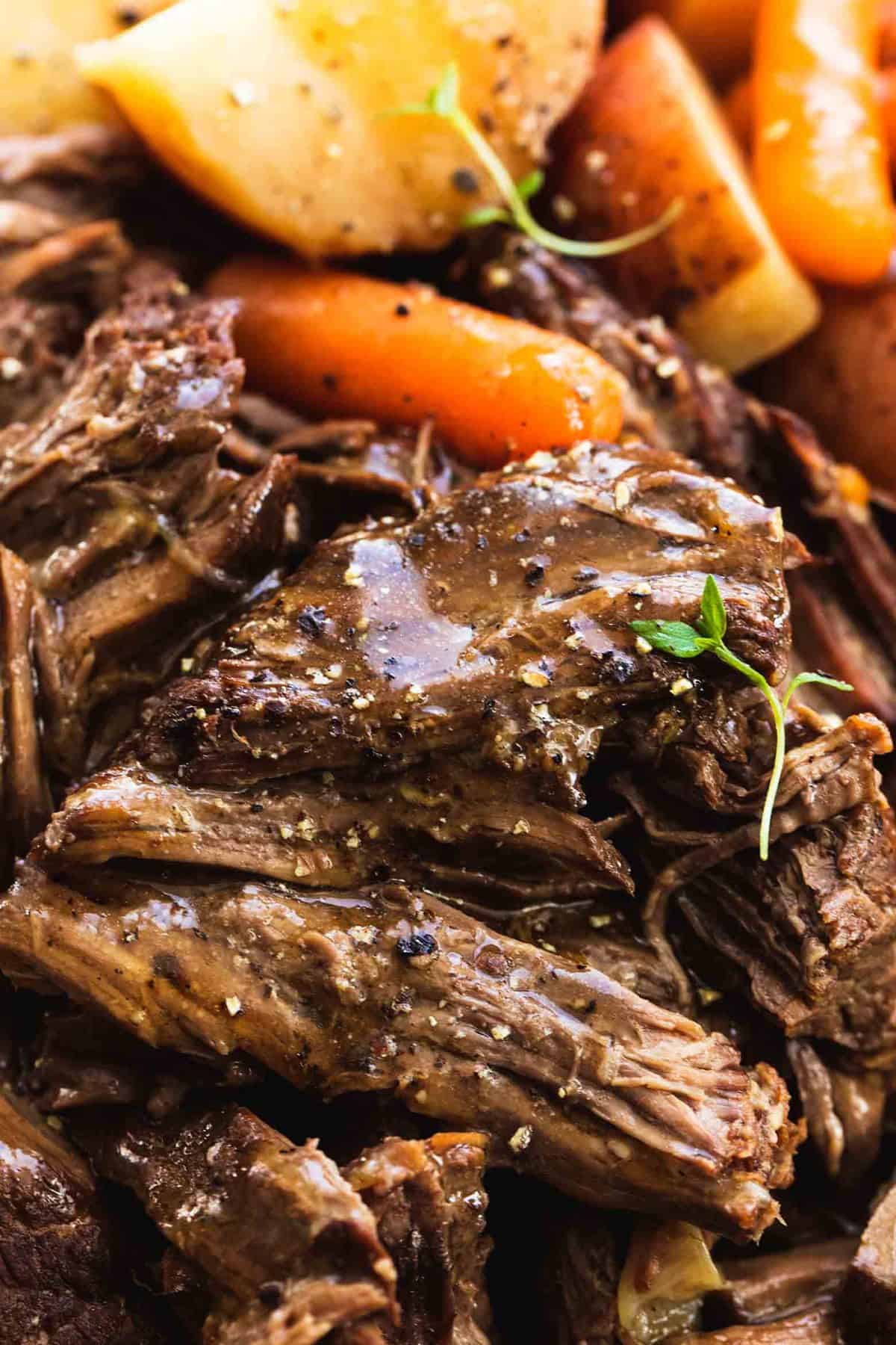 close up of instant pot pot roast and potatoes.