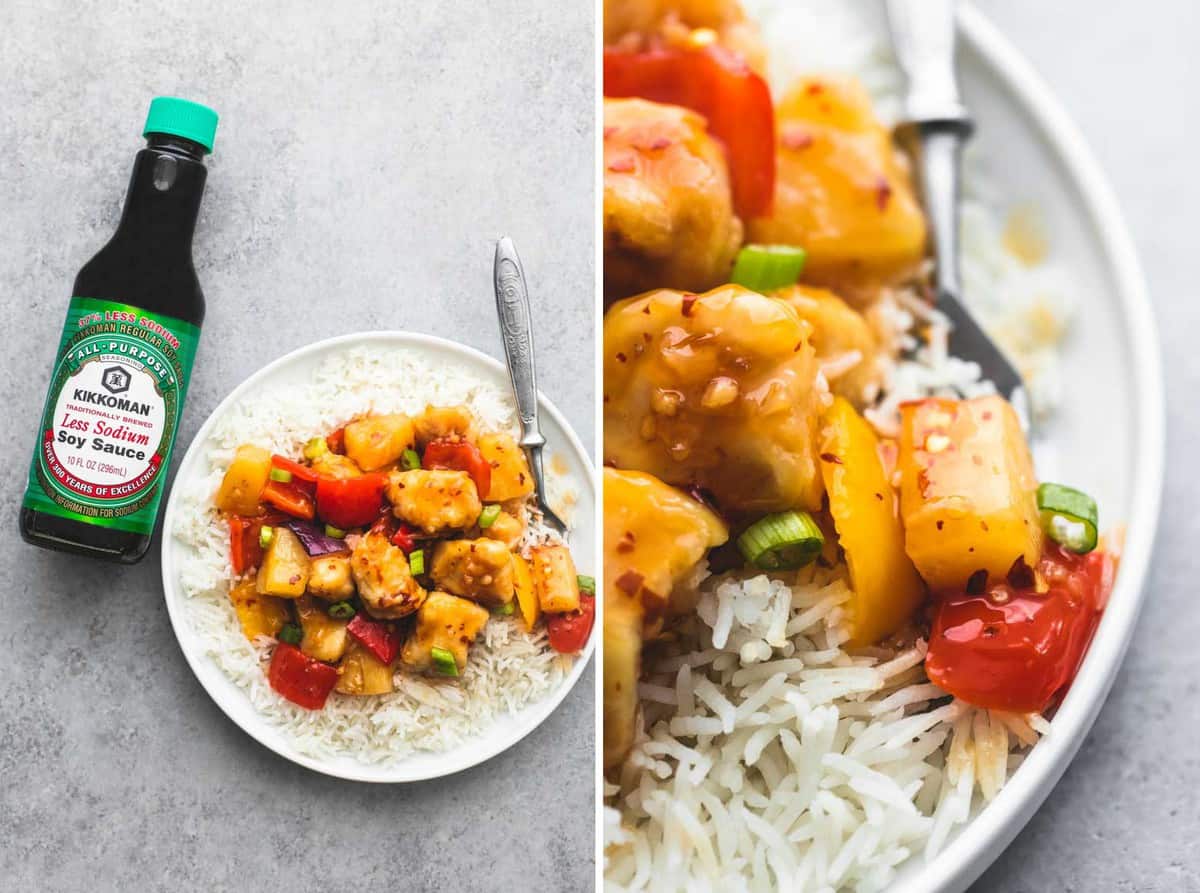 side by side images of Kikkoman soy sauce in a bottle and sheet pan sweet fire chicken on rice on a plate.