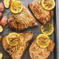 Sheet Pan Lemon Herb Tuna Steaks and Potatoes | lecremedelacrumb.com