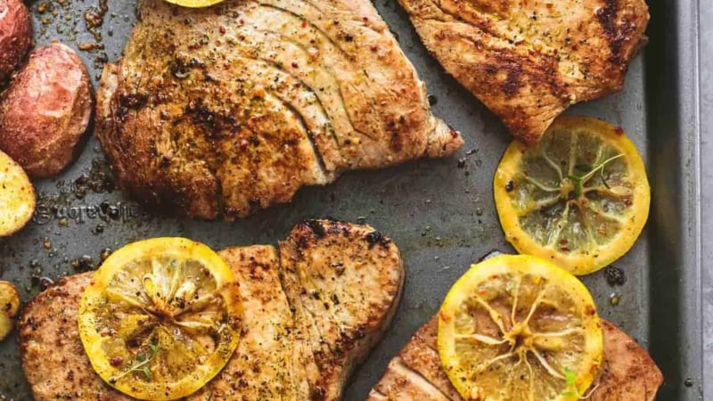 Sheet Pan Lemon Herb Tuna Steaks and Potatoes | lecremedelacrumb.com