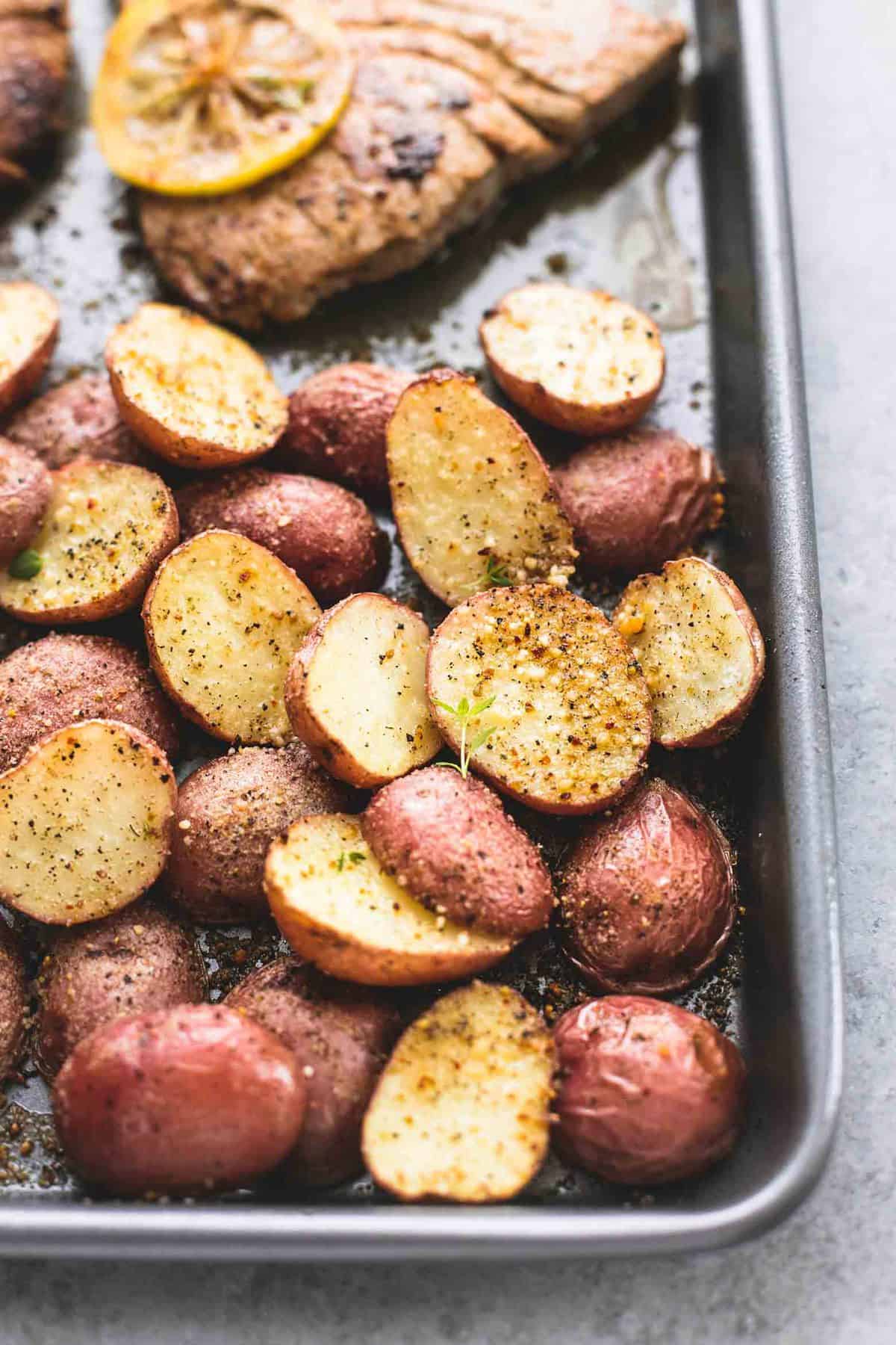 Sheet Pan Lemon Herb Tuna Steaks and Potatoes | lecremedelacrumb.com