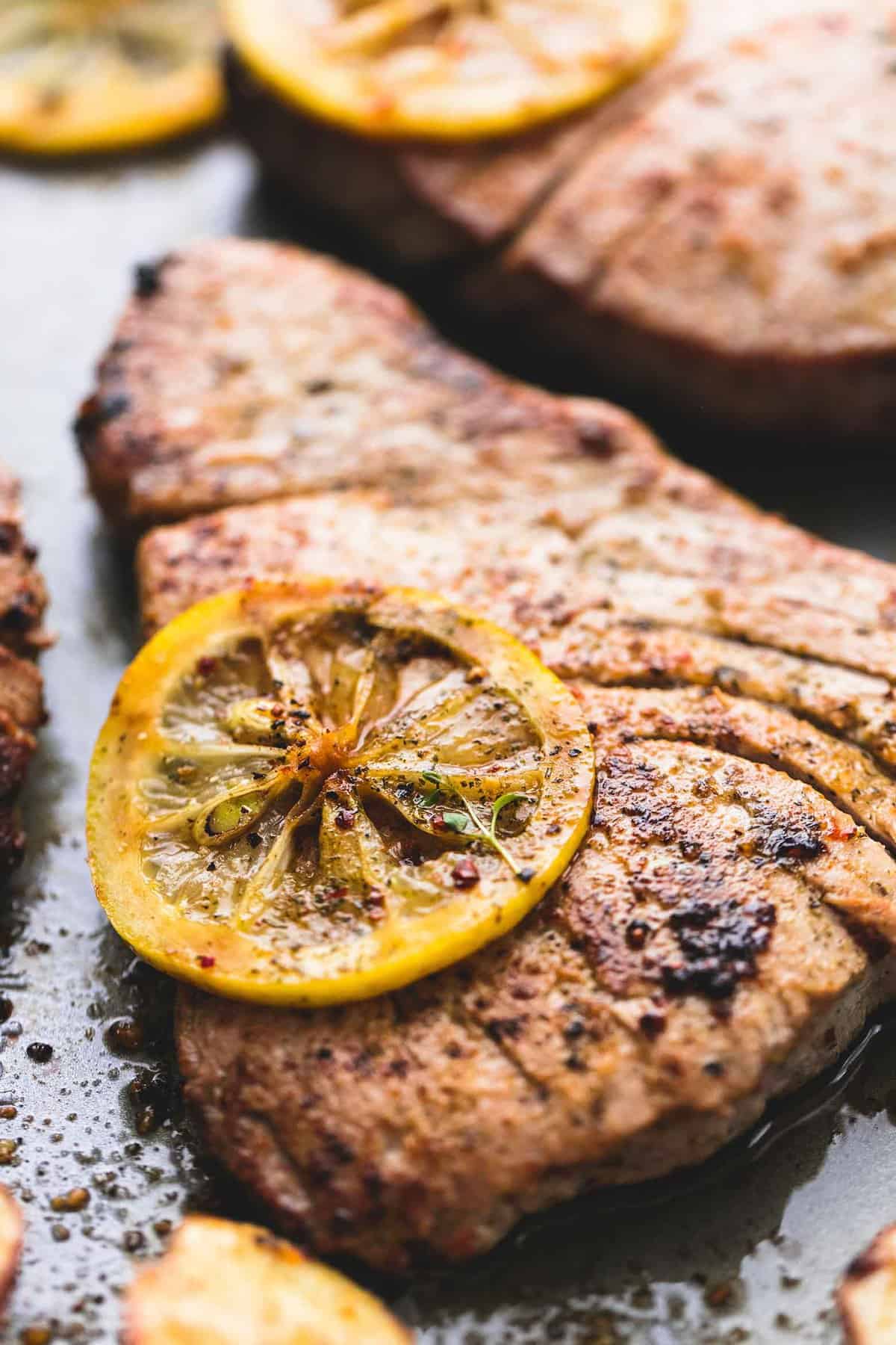 Sheet Pan Lemon Herb Tuna Steaks and Potatoes | lecremedelacrumb.com