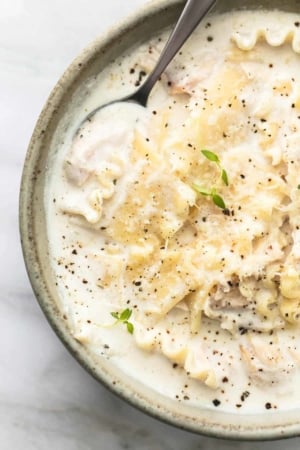 Creamy White Chicken Lasagna Soup | lecremedelacrumb.com