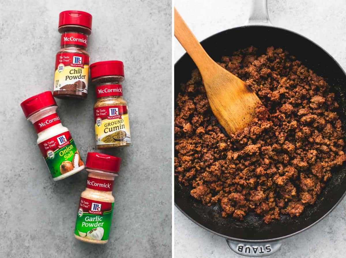 side by side images of spice containers and taco meat with a wooden serving spoon in a pan.